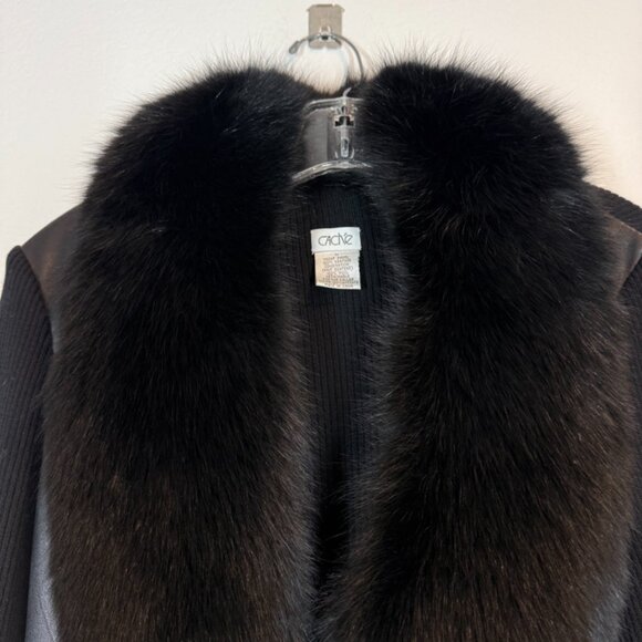 Cache Black Leather Dressy Blazer Jacket Detachable Fox Fur Trim Collar Medium - Picture 9 of 16